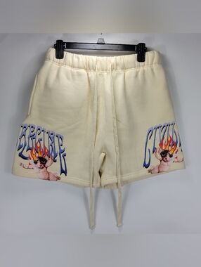 Civil Regime Flame Smoking Cherub Graphic Sweat Shorts Men Large L Beige Grunge